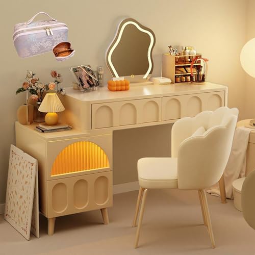 LVYWEX Toeletta in stile retrò con 4 cassetti, specchio ad alta definizione, luce di riempimento a LED regolabile e sgabello.(100-120cm)