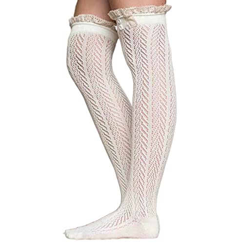 2 Paar kniehohe Socken für Damen, Baumwolle, gehäkelt, kniehohe Stiefel, Netzstrümpfe mit breiter Spitze und Knöpfen, Weiß