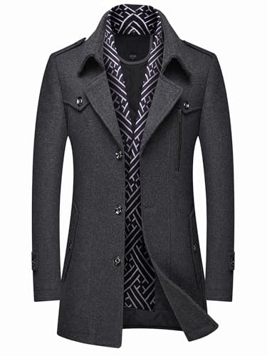 Image of INVACHI Men's Wool Blend Coat Warm Winter Trench Coat with Detachable Soft Scarf Single Breasted Pea Coat