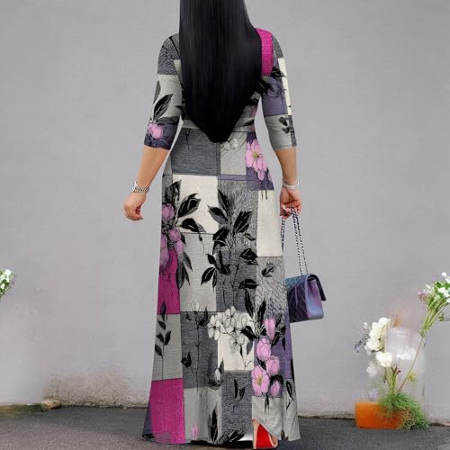 Image of Plus Size Dresses for Women Print Maxi Dresses 3 /4 Sleeve with Belt