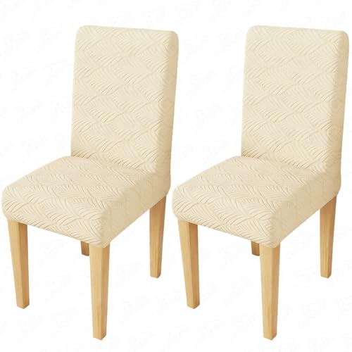 Image of Lukzer Elastic Dining Chair Cover - 2PC Pastel Yellow Leaf Trail | Textured High Stretch Jacquard Seat Cover | Removable Washable Short Dining Chair Cover Protector Seat Slipcover | (CC-126-02)