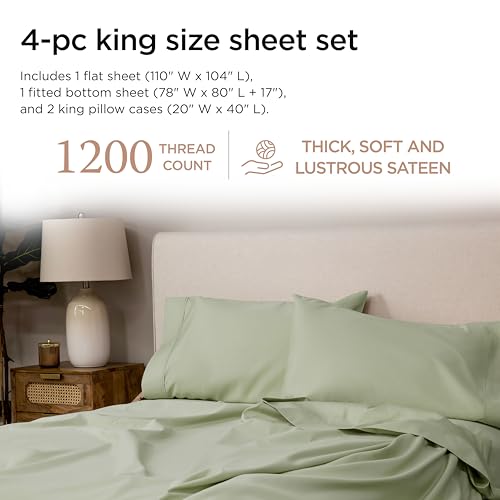 Image of Threadmill Luxury Supima Cotton Sheets, 1200 Thread Count Soft 100% Cotton Sheets for King Size Bed, 4 Pc Sage Green King Bed Sheets Set, 5-Star Egyptian Hotel Quality with Elasticized Deep Pocket | 100% Supima Cotton, Sateen Weave, 4-Piece Set, 17 inch Deep Pocket, All-Around Elastic, Hotel Quality, OEKO-TEX Certified
