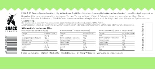 Essbare Insekten Mischung von 'SNACK insects' - 25g Insekten zum Essen - Grillen, Heuschecken & Mehlwürmer
