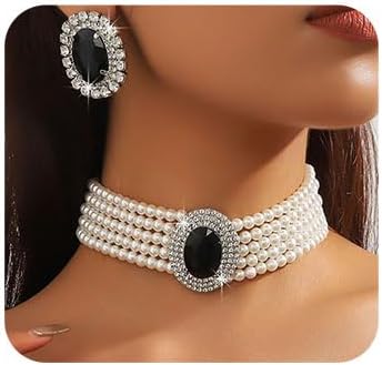 Missgrace Juego de gargantillas de perlas de imitación de los años 20 para mujer, estilo vintage, bohemio, negro, estilo bohemio, con perlas de
