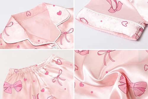 Image of Umeyda Women & Girls Pajamas Set, Soft Satin Lightweight Silk Button-Down Top with Shorts 2 Piece PJS for Mom Boys Kids Gifts