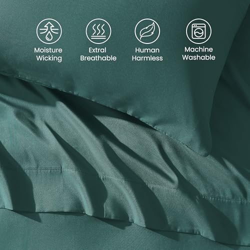 SLEEP ZONE Nanotex Super Soft Cooling King Bed Sheets Set 4 Piece - Easy Care Fitted Flat Sheet & Pillowcase Sets - Wrinkle Free, Fade Resistant, Deep Pocket 16" (Teal, King)