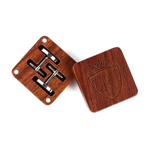 Image of Mens Initial Silver Cufflinks A-Z Alphabet Letter Steel Cuff Links with Engraved Walnut Wood Box Groom Groomsman Wedding Set