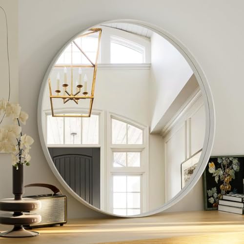 VooBang 30" Round Bathroom Mirror, Silver Gorgeous Deep Frame Wall Mirror