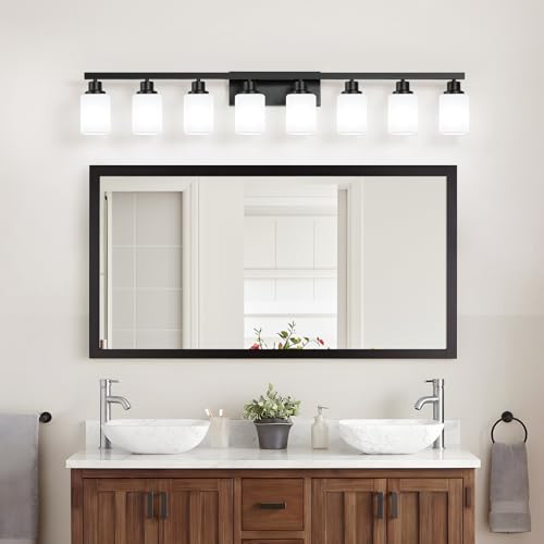 Image of 8 Light Bathroom Vanity Light,Modern Matte Black Bathroom Light Fixtures Over Mirror with Square Frosted Glass,Wall Sconces for Restroom,Living Room Hallway E26