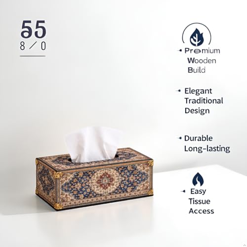 Image of Wooden Tissue Box Holder with Imperial Kashan Art Print Premium Decorative Tissue Case for Home, Office & Hotel Decor Durable MDF Build Size 6.5 x 5 x 3 Inch