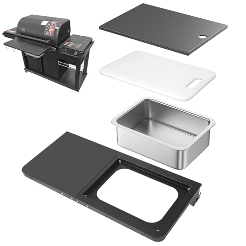 Utheer Upgraded Folding Front Shelf for Traeger Woodridge Pro Woodridge Pro Plus Woodridge Elite & Ironwood/Ironwood XL Pellet Grill 28 BBQ Prep Table with Cutting Board Basin & 4 Hooks