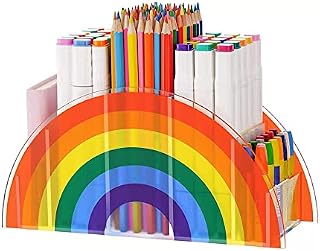 Stationery Organizer, Clear Pencil Holder, Rainbow Pencil Holder, Acrylic, with 5 Compartments, Creative Rainbow Shape, for Office, School, Home Supplies, Pen Organizer Storage