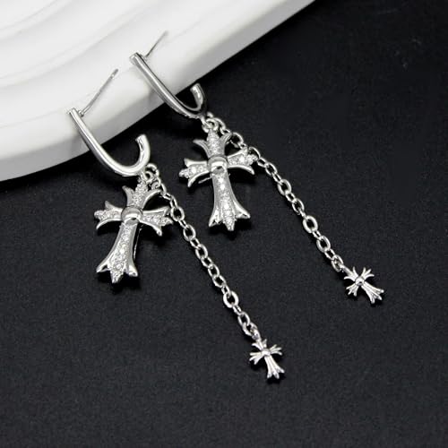 Double Cross Earrings, 925 Sterling Silver Stud Diamond Cross Drop Dangle Tassel Earrings for Women Men, Christian Hypoallergenic Punk Goth Jewelry Gift4