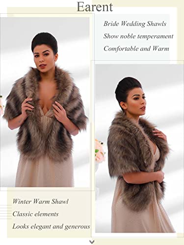 EARENT Women's Faux Fur Shawls and Wraps Bride Wedding Sleeveless 1920s Fur Scarf Bridal Fur Stoles with Brooch Winter Fur Caplet for Brides and Bridesmaids (Brown)4