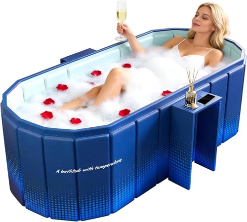 Image of Foldable Adult Bath Tub for Home Spa | Large Portable Bathtub with Backrest & Handle | Insulated Folding Tub for Hot & Cold Soak, Ice Bath, Bubble Bath & Relaxing Spa (Aqua Blue Bathtub)