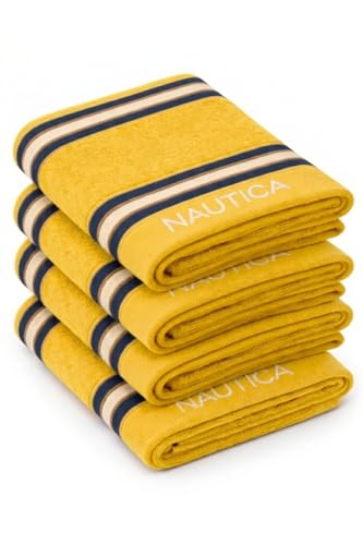 Image of NAUTICA Super Soft Zero Twist 100% Cotton Towel -4pc Face Towel (Vintage Crew Stripe) solid-yellow-500 GSM