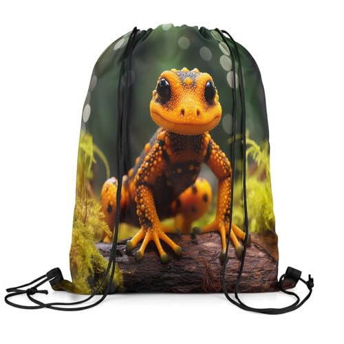 Erosebridal 3D Lizard Print Drawstring Backpack,Reptile Animal Drawstring Bags 13x15.7,Black Yellow Wildlife Draw String Back Bag Foldable,Woodland Plants String Backpack for Traveling2