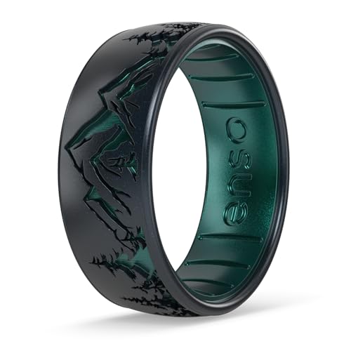 Enso Rings Etched Classic Silicone Rings - Comfortable and Flexible Design - Peak - Black Pearl/Emerald - Size 7