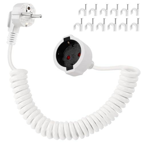 Schuko Verl&auml;ngerungskabel Spiralkabel, 2m Schutzkontakt Spiralverl&auml;ngerung 0,6 m auf 2m dehnbares Spiral-Kabel Stecker Verl&auml;ngerung Kurz mit Kupplung 230V/16 A f&uuml;r Zuhause, B&uuml;ro, Au&szlig;enbereich, Wei&szlig;