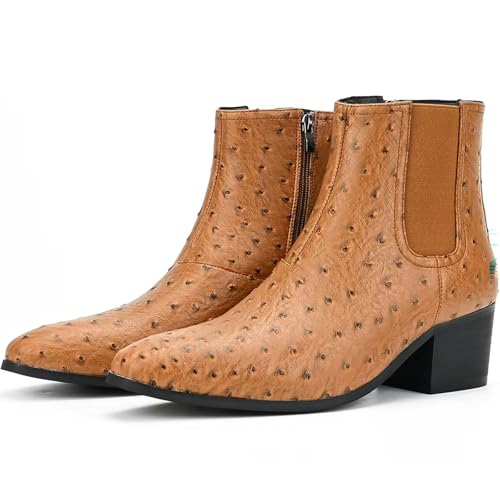 Image of Men'S Classic Leather Chunky Heel Chelsea Boots With Side Zipper Fashion Pointed Toe Elastic Band High Top Block High Heel Formal Chukka Booties For Casual Business Party Wedding