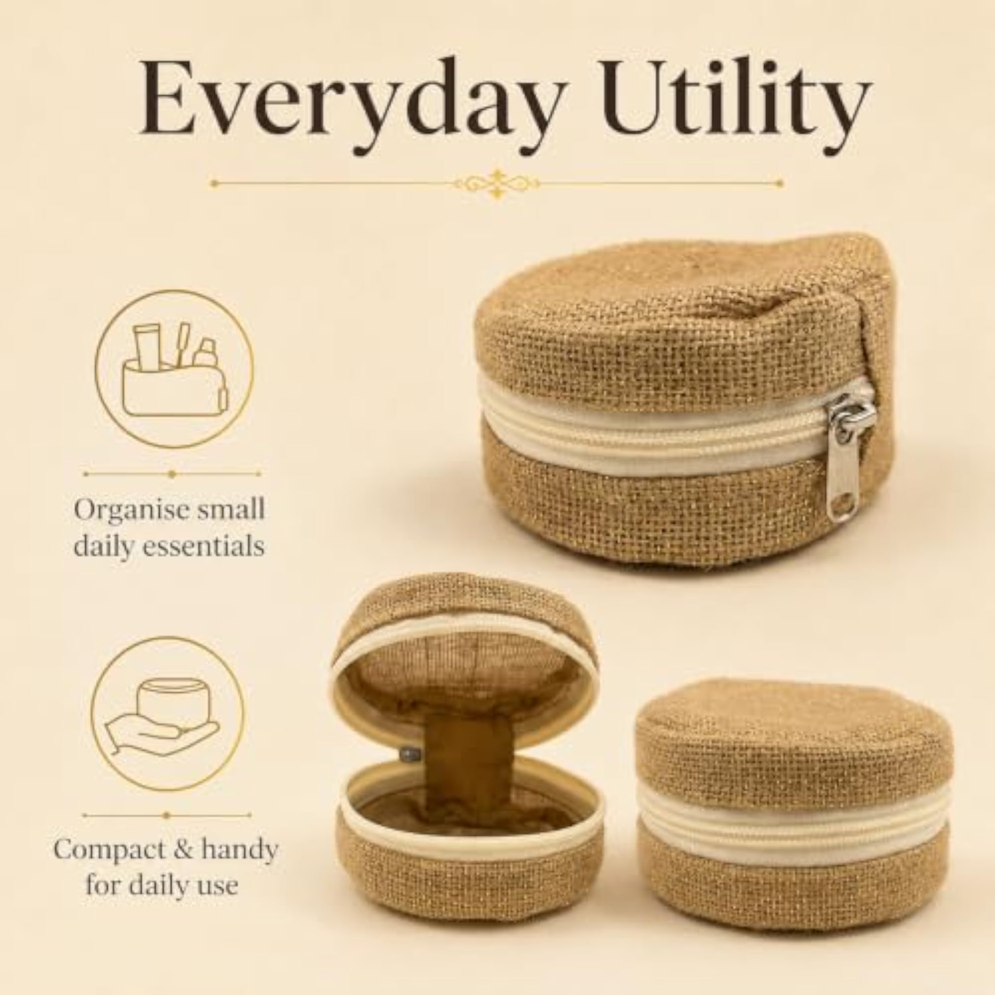 Natural Jute Round Utility Pouch with Zip Closure