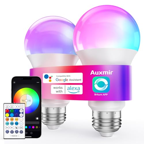 Auxmir Lampadina LED WiFi Intelligenti Dimmerabile, Lampadine Smart con 16 Milioni di Colori RGB e 100+ Modalità, Compatibile con Alexa e Google Home, E27 10W 800 LM, 2 Pezzi
