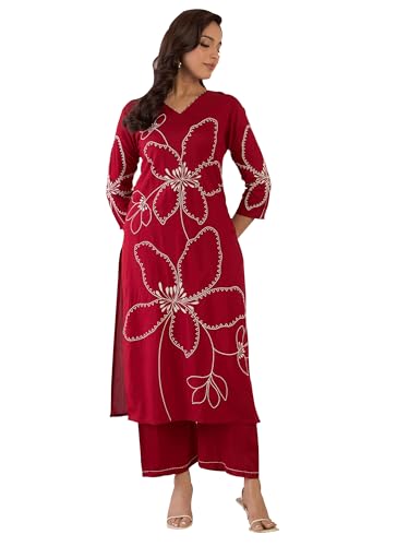Image of INDO ERA Women's Straight Viscose Rayon Floral Embroidered Kurta & Palazzo Set (IESTR9981)