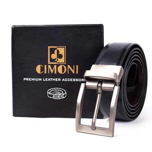 Image of CIMONI Reversible Leather Belt for Men | Genuine Leather & Vegan Leather Pin Buckle Belt | Classic Black /Brown Adjustable Belt for Formal, Business, Office & Casual Wear