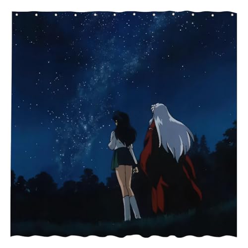 Funnytree Starry Night Sky Shower Curtain Anime Couple Stargazing Bathroom