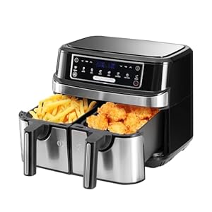 Heißluftfritteuse Doppelkammer 9 Liter, XXL Heissluftfritteuse mit 2 unabhängige 4,5L Schublade, 8 automatische Programme, Air Fryer mit LED Touchscreen, Smart Finish & Match Cook Funktionen