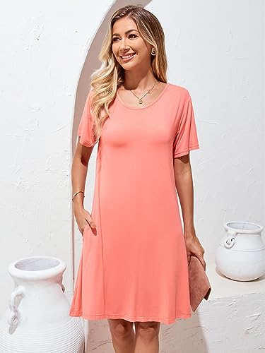 Image of Women's Summer Dresses 2026 Casual T Shirt Dress Short Sleeve Loose Flowy Sundress Swing Tunic Dress with Pockets Melon Red