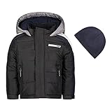 LONDON FOG Boys' Color Blocked Puffer Jacket Coat with Hat, Black with Grey Hood, 3T