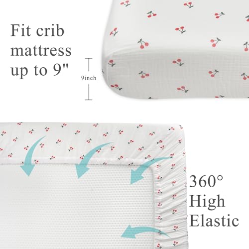 COTTONBEBE Muslin Crib Sheets, 100% Cotton Soft Breathable Fitted Toddler Bed Sheet, 28”x 52”x 9” Standard Size Baby Mattress Cover for Girls & Boys, Berry — view 3