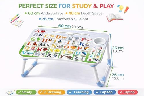 Image of Printed Wooden Study Desk for Kids, Foldable & Portable Laptop Table for Bed, Large Kids Activity Table with Non-Slip Legs, Multipurpose Breakfast Tray & Picnic Table (ABCD)