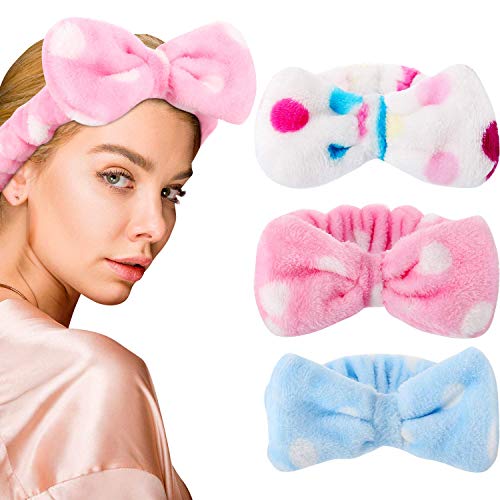 3 Pieces Bowknot Hair Bands Makeup Headbands Bow Hair Wrap Towel Face Makeup Headband Coral Fleece Hair Band Sports Bath Shower Hair Band for Women Girls