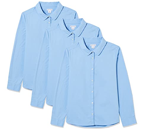 Amazon Essentials Girls' Uniform Long Sleeve Stretch Poplin Button-Down Shirts, Pack of 3, Blue, XX-Large Plus