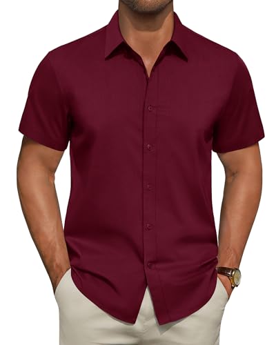 ROUWELL Men Short Sleeve Button Down Stain Shield Dress Shirts Stretch Regular Fit Business Casual Formal Shirt Burgundy 2XL