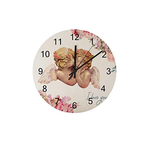 Wall Clock Cute Watercolor Angels Cherub Uncovered Wooden Mute Decoration Home Office Bedroom 12Inch