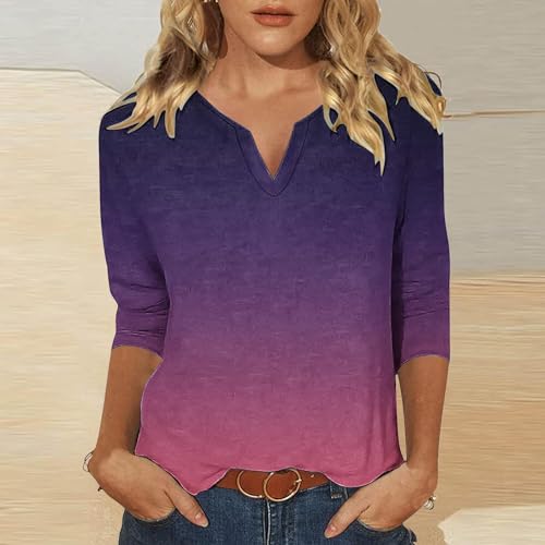 3/4 Length Sleeve Womens Tops Dressy Trendy Notch V Neck T Shirts Basic Solid Color Cotton Blouse Summer Tunic Tshirt2