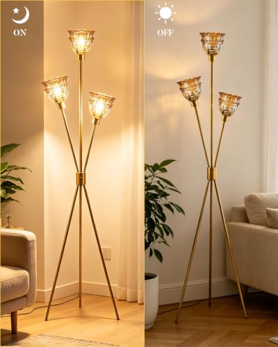 Image of Lightdot 3-Lights Glass Tripod Floor Lamp Gold Dimmable Floor Lamps with 3000K Warm White Bulbs for Wedding Party 62IN Tall Standing Lamp with Amber Glass Shade for Living Room /Bedroom /Home Decor