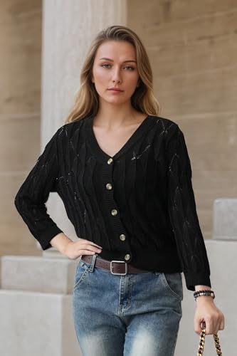 Image of Women's 2025 Crochet Sweater Cardigan 3 /4 Sleeve Lightweight Summer Knit Sweater | Open Front Boho Shrug Top | Beach Cover-Up & Office Wear | Machine Washable 21-Black-XL