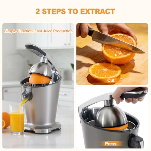 Image of NEWBULIG Electric Citrus Juicer, Automatic Orange Juicer Squeezer with Soft-Grip Handle, Orange Juice Extractor Machines for Lemon Lime Grapefruit, Auto Shut-Off & Dishwasher Safe Parts, Silver