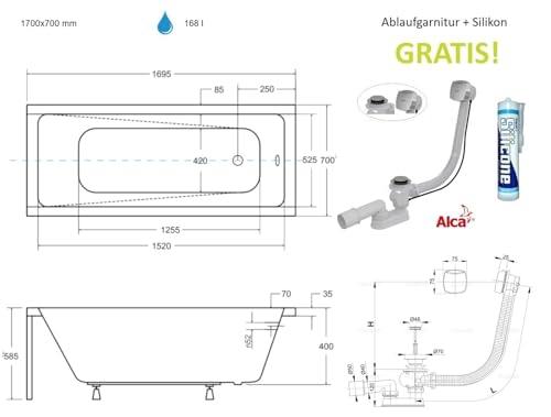 ECOLAM Badewanne Modern 170x70 cm Schürze | Acrylwanne Rechteck | Wanne Design | Komplett-Set Ablaufgarnitur Ab- und Überlauf Automatik Füße + Silikon Acryl weiß – Bild 7