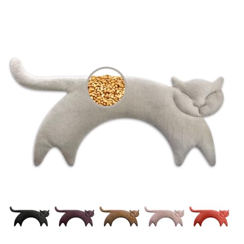 LESCHI XXL Wheat Bag Microwavable (47x23cm) - 100% Organic Cotton and Organic Wheat - Cat Grey - Microwave Pillow - Unscented - Snug Grain Pillow Ideal for Tension in Back - Neck and Shoulders