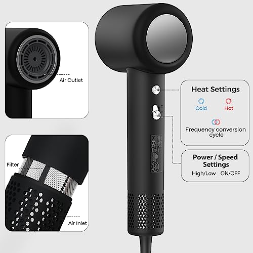 Loveps Hair Dryer With Diffuser, 110000 Rpm Brushless Motor Ionic Blow Dryer, Professional Portable Quiet Hair Dryers Low Noise, Magnetic Nozzle, Fast Drying For Travel, Salon, Women Gifts - Black #TOP4