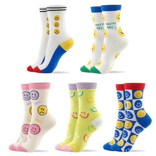 Kikiya Womens Cotton Crew Socks 5 Pack | Cute Fun Smiley Face Happy Emoji Colorful Graphic Design Character | Vibrant Playful Funny Novelty | Ladies Girls Daily Wear Gift | Size 6-9 | Fun Smile D
