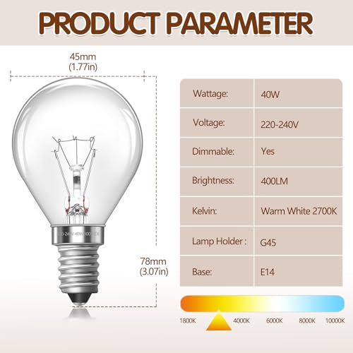 Ofenlampe G45 E14, 300 Grad, E14, dimmbar, Warmweiß, 2700 K, AC 230 V, kleine Golfkugel für Herde, dekoratives Licht, 5 Stück
