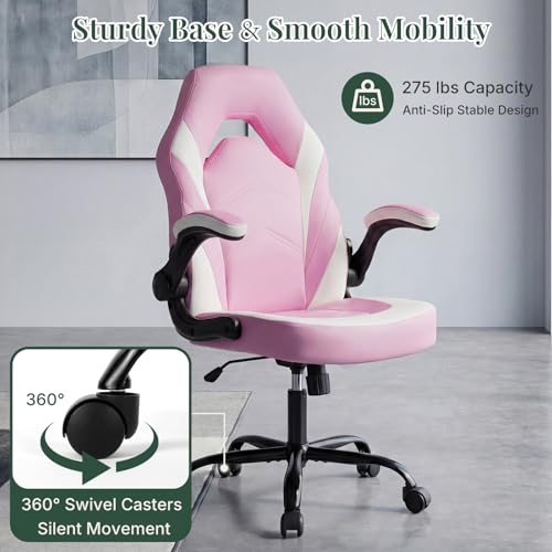 Image of Ergonomic Computer Gaming Chair - Home Office Desk with PU Leather Lumbar Support, Height Adjustable Big and Tall Video Game with Flip-up Armrest, Swivel Wheels for Adults,White and Pink
