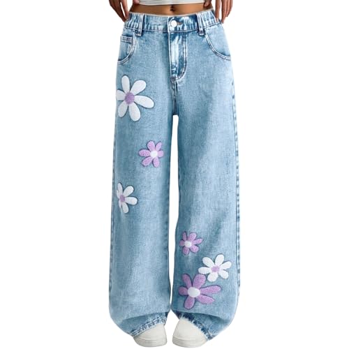 Jean fille à fleurs vintage avec poche et taille élastique souple
