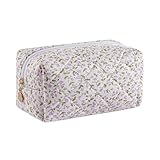 Gleyemor Small Quilted Makeup Bag for Women, Cute Floral Bow Cosmetic Bag, Emergency Bag Travel Toiletry Cotton Pouch Gifts for Girls Her Mom Friend Sister Bridesmaid (Purple Small Flower)